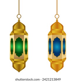 Vector illustration of the Ramadhan lamp icon, gold, green and blue hanging lantern lamp, perfect for decorating Ramadan greeting cards, icons, etc.