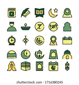 vector illustration ramadhan thin filled line mini icons set. Contains such Icons as, pray, muslim, mosque, carpet, quran, and more. With 48x48 pixel perfect.