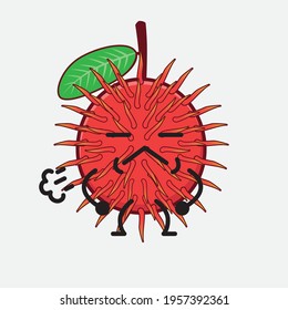 Vector Illustration of Rambutan Fruit Character with cute face, simple hands and leg line art on Isolated Background. Flat cartoon doodle style.