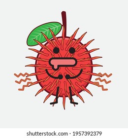 Vector Illustration of Rambutan Fruit Character with cute face, simple hands and leg line art on Isolated Background. Flat cartoon doodle style.