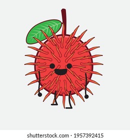 Vector Illustration of Rambutan Fruit Character with cute face, simple hands and leg line art on Isolated Background. Flat cartoon doodle style.