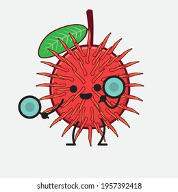 Vector Illustration of Rambutan Fruit Character with cute face, simple hands and leg line art on Isolated Background. Flat cartoon doodle style.