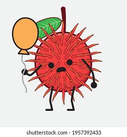 Vector Illustration of Rambutan Fruit Character with cute face, simple hands and leg line art on Isolated Background. Flat cartoon doodle style.
