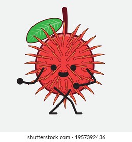 Vector Illustration of Rambutan Fruit Character with cute face, simple hands and leg line art on Isolated Background. Flat cartoon doodle style.