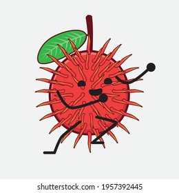 Vector Illustration of Rambutan Fruit Character with cute face, simple hands and leg line art on Isolated Background. Flat cartoon doodle style.