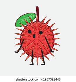 Vector Illustration of Rambutan Fruit Character with cute face, simple hands and leg line art on Isolated Background. Flat cartoon doodle style.