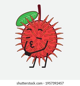 Vector Illustration of Rambutan Fruit Character with cute face, simple hands and leg line art on Isolated Background. Flat cartoon doodle style.