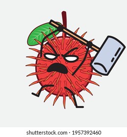 Vector Illustration of Rambutan Fruit Character with cute face, simple hands and leg line art on Isolated Background. Flat cartoon doodle style.