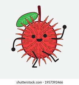 Vector Illustration of Rambutan Fruit Character with cute face, simple hands and leg line art on Isolated Background. Flat cartoon doodle style.