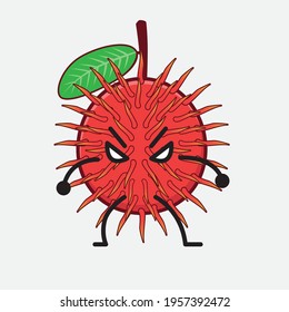 Vector Illustration of Rambutan Fruit Character with cute face, simple hands and leg line art on Isolated Background. Flat cartoon doodle style.