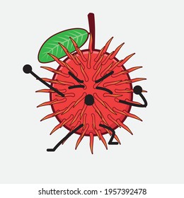 Vector Illustration of Rambutan Fruit Character with cute face, simple hands and leg line art on Isolated Background. Flat cartoon doodle style.