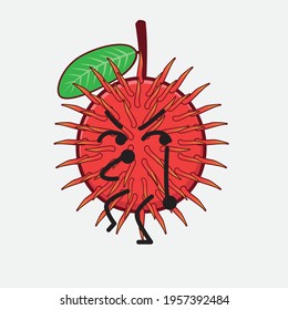 Vector Illustration of Rambutan Fruit Character with cute face, simple hands and leg line art on Isolated Background. Flat cartoon doodle style.
