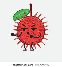 Vector Illustration of Rambutan Fruit Character with cute face, simple hands and leg line art on Isolated Background. Flat cartoon doodle style.