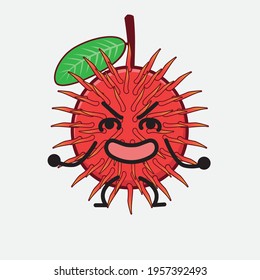 Vector Illustration of Rambutan Fruit Character with cute face, simple hands and leg line art on Isolated Background. Flat cartoon doodle style.