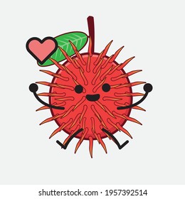 Vector Illustration of Rambutan Fruit Character with cute face, simple hands and leg line art on Isolated Background. Flat cartoon doodle style.