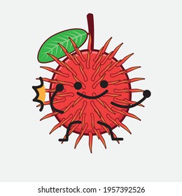 Vector Illustration of Rambutan Fruit Character with cute face, simple hands and leg line art on Isolated Background. Flat cartoon doodle style.