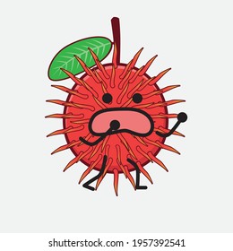 Vector Illustration of Rambutan Fruit Character with cute face, simple hands and leg line art on Isolated Background. Flat cartoon doodle style.