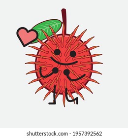 Vector Illustration of Rambutan Fruit Character with cute face, simple hands and leg line art on Isolated Background. Flat cartoon doodle style.