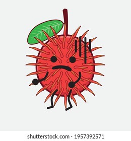 Vector Illustration of Rambutan Fruit Character with cute face, simple hands and leg line art on Isolated Background. Flat cartoon doodle style.