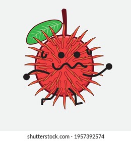 Vector Illustration of Rambutan Fruit Character with cute face, simple hands and leg line art on Isolated Background. Flat cartoon doodle style.