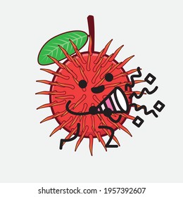 Vector Illustration of Rambutan Fruit Character with cute face, simple hands and leg line art on Isolated Background. Flat cartoon doodle style.