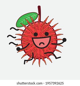Vector Illustration of Rambutan Fruit Character with cute face, simple hands and leg line art on Isolated Background. Flat cartoon doodle style.