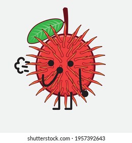 Vector Illustration of Rambutan Fruit Character with cute face, simple hands and leg line art on Isolated Background. Flat cartoon doodle style.