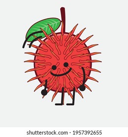 Vector Illustration of Rambutan Fruit Character with cute face, simple hands and leg line art on Isolated Background. Flat cartoon doodle style.