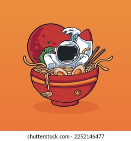 vector illustration of ramen and astronaut space rocket fit for tshirt, graphic 