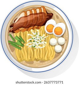 Vector illustration of a ramen bowl with eggs, meat, and vegetables. Bright colors and detailed composition enhance the appetizing look