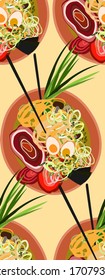 vector illustration ramen bowl with it's ingredients. pan-asian, cuisine clipart, noodles seamless pattern. japanese soup. Asian restaurant, cafe, diner menu, signboard, advertising