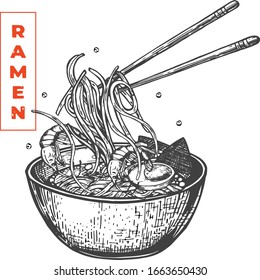 Vector illustration of Ramen Korean Japanese oriental noodle soup dish. Bowl with chopsticks. Vintage hand drawn style.