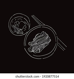 Vector Illustration of Ramen Noodles Japanese Food in Black and White Background and Line Art Design