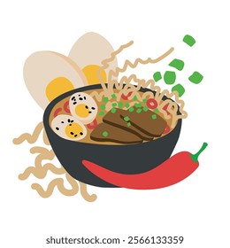 A Vector Illustration of Ramen Soup in a Black Bowl with Meat, Egg, Noodles, Spring Onions, Chili, and Black Sesame