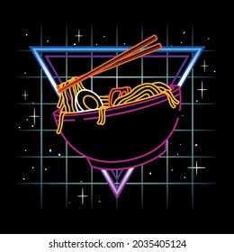 Ilustración vectorial del fideo ramen udon con estilo vintage de neón reonzado en fondo negro. Bien por el logo, fondo, camiseta