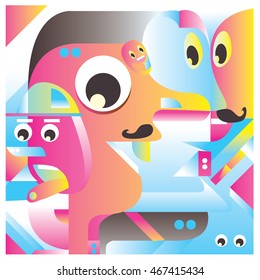 Vector illustration random colorful abstract faces. Material design template and background for poster and publication