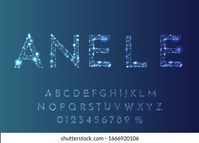 Vector illustration. Random dots size. Contemporary letters. Digital font. Futuristic techno style. Low poly concept. Numbers for advertisement, sale banner design. Thin lines. Network design