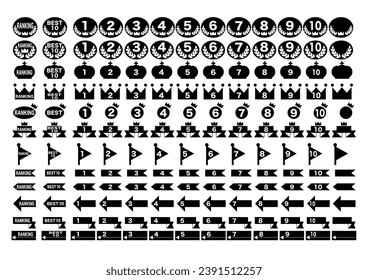 Vector illustration of ranking icon set. Numbers from 1 to 10 and various types of designs. Black and white.