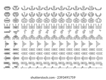 Vector illustration of ranking icon set. Numbers from 1 to 10 and various types of designs. Black and white.