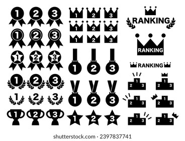 Vector illustration of ranking icon set. Designs of numbers from 1st to 3rd place and various shapes. Black and white.