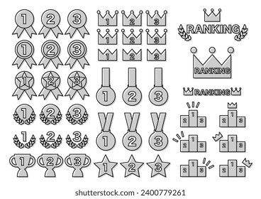 Vector illustration of ranking icon set. Designs of numbers from 1st to 3rd place and various shapes. Black and white.