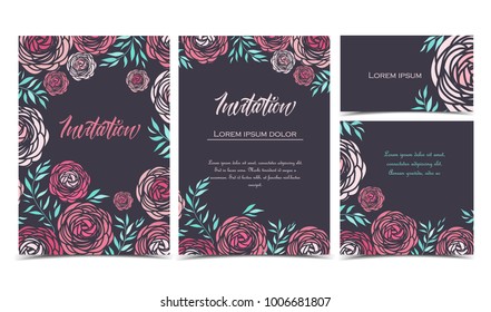 Vector illustration of ranunculus flower. Backgrounds with pink flowers. Set of greeting cards