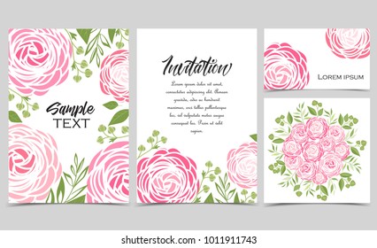 Vector illustration of ranunculus flower. Backgrounds with pink flowers. Set of greeting cards