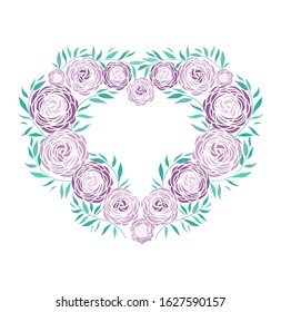 Vector illustration of ranunculus flower. Decoration heart of flowers and leaves
