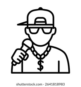 Vector illustration of rapper singer holding microphone icon. Editable stroke.