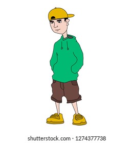 Vector illustration of a rapper. A young guy stands with his hands in his pockets.