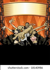 Vector illustration of a rapping MC and his two hotties singing and dancing in a concert setting with crowd, blank sign, and stage with speakers pumping out the jams.