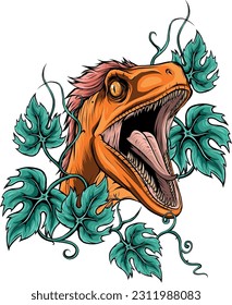 vector illustration of raptor head with leaves