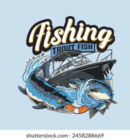 Vector Illustration of Rare Blue Trout Fish with Boat,  Waves and Float Tire with Vintage Illustration Available for Fishing Badge