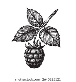 Vector illustration of raspberries with twig and leaves as an old illustration engraving